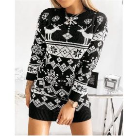 2021 Christmas Theme Ladies New Sweater Elk Snowflake Christmas Jacquard Knitted Dress (Color: Black, size: XL)