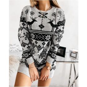 2021 Christmas Theme Ladies New Sweater Elk Snowflake Christmas Jacquard Knitted Dress (Color: Gray, size: XL)