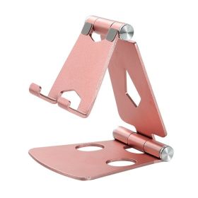 Aluminum Alloy Double Folding Mobile Phone Bracket Portable Mobile Phone Desktop Aluminum Alloy Stand for Live Streaming (Color: Rose gold)