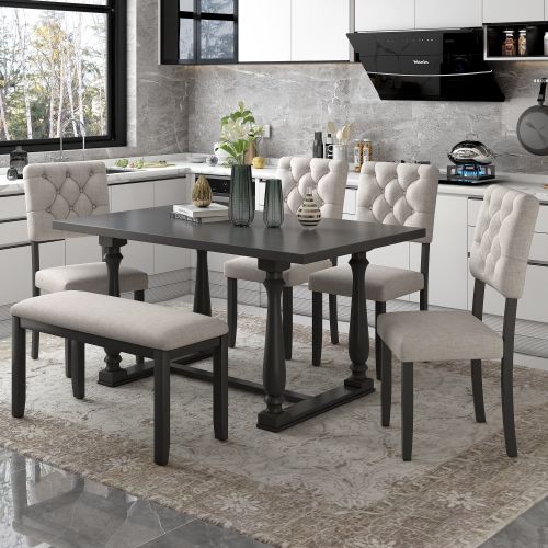 6-Piece Dining Table and Chair Set with Special-shaped Legs and Foam-covered Seat Backs&Cushions for Dining Room 6-Piece Dining Table and Chair Set with Special-shaped Legs and Foam-covered Seat Backs&Cushions for Dining Room