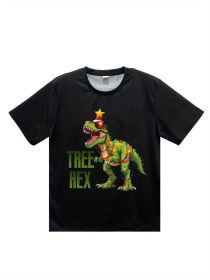 3D Printed Festival Christmas Tree Dinosaur T-shirt - Men's Casual Summer Top, Round Neck Short Sleeve (Color: Black, size: S)