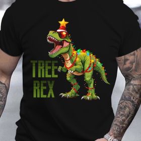 3D Printed Festival Christmas Tree Dinosaur T-shirt - Men's Casual Summer Top, Round Neck Short Sleeve (Color: Black, size: 5XL)